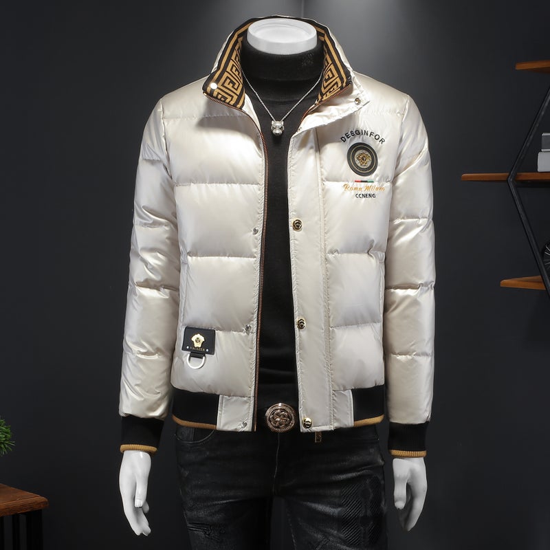 European Goods 2024 Winter New Men'S Fashion White Duck Down Rhinestone Embroidered Stand Collar Down Jacket Warm Coat - Image 2